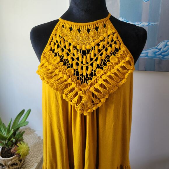 Three Bird Nest Mustard Tiered Maxi Dress Size XL Boho Flowy - Picture 2 of 7